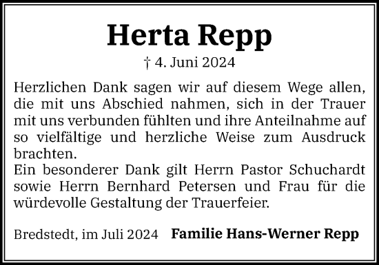 Traueranzeige von Herta Repp von Husumer Nachrichten, Nordfriesland Tageblatt