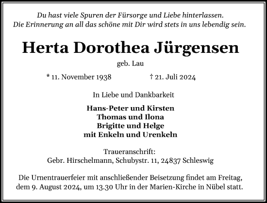 Traueranzeige von Herta Dorothea Jürgensen von Schleswiger Nachrichten, Schlei-Bote