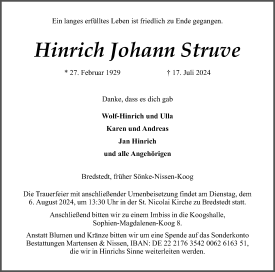 Traueranzeige von Hinrich  Struve von Region Westküste