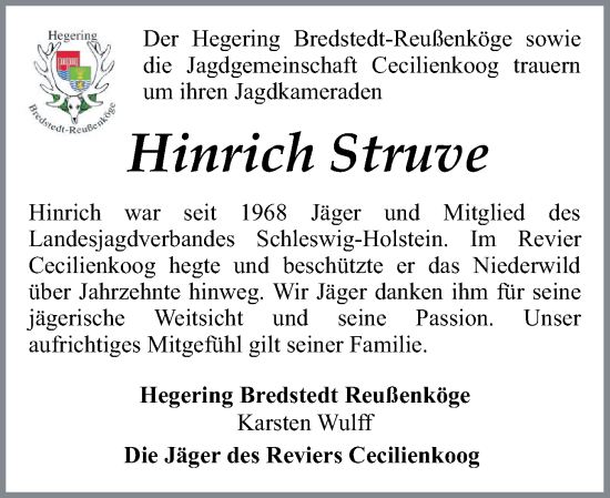 Traueranzeige von Hinrich  Struve von Husumer Nachrichten, Nordfriesland Tageblatt