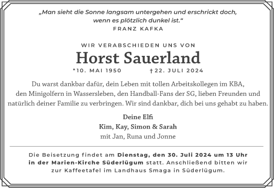 Traueranzeige von Horst Sauerland von Husumer Nachrichten, Nordfriesland Tageblatt
