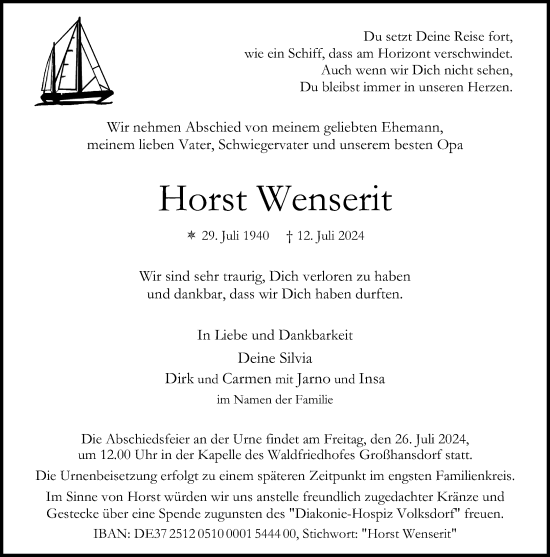Traueranzeige von Horst Wenserit von Stormaner Tageblatt
