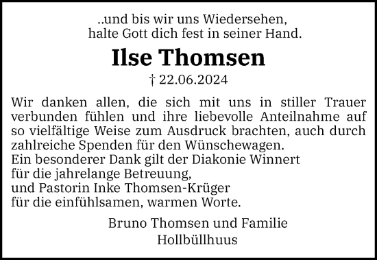 Traueranzeige von Ilse Thomsen von Husumer Nachrichten, Nordfriesland Tageblatt