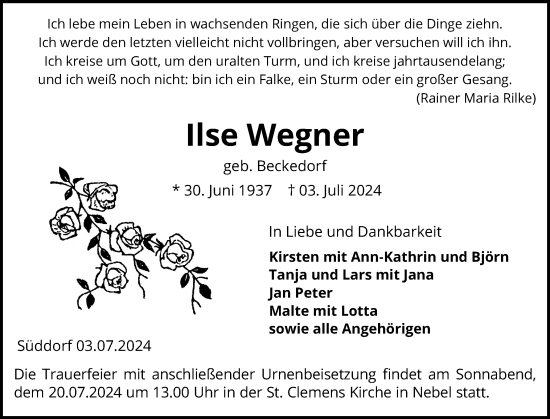 Traueranzeige von Ilse Wegner von Der Insel-Bote