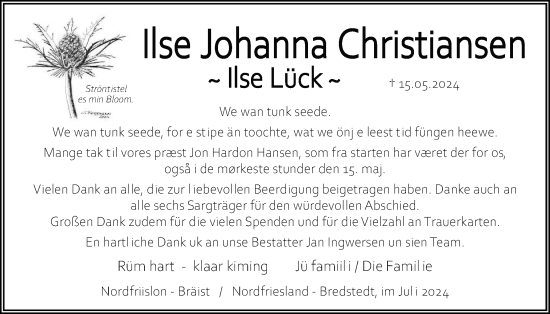 Traueranzeige von Ilse Johanna Christiansen von Region Westküste