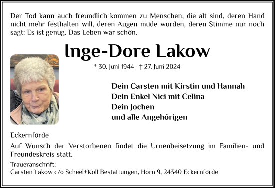 Traueranzeige von Inge-Dore Lakow von Eckernförder Zeitung, Hallo Eckernförde