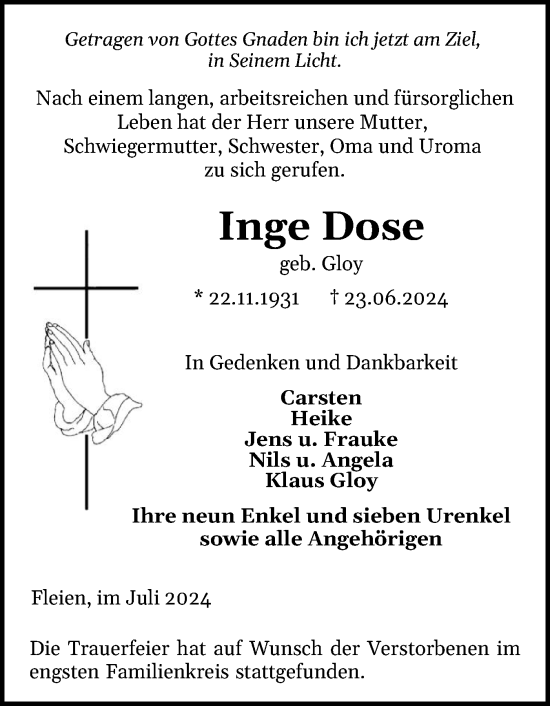 Traueranzeige von Inge Dose von Region Steinburg-Elmshorn