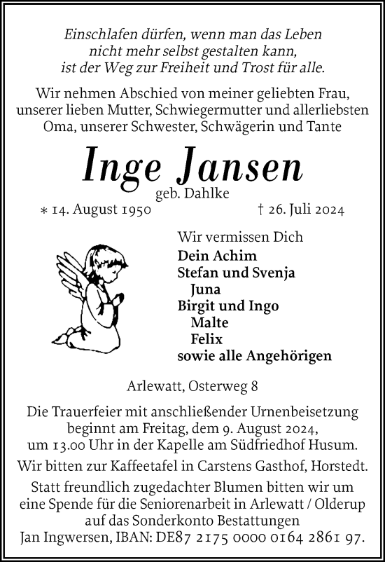 Traueranzeige von Inge Jansen von Husumer Nachrichten, Nordfriesland Tageblatt