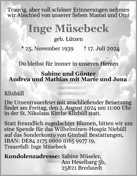 Traueranzeige von Inge Müsebeck von Husumer Nachrichten, Nordfriesland Tageblatt