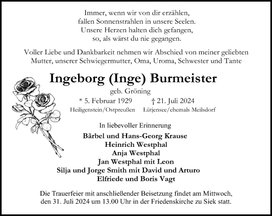 Traueranzeige von Ingeborg Burmeister von Stormaner Tageblatt