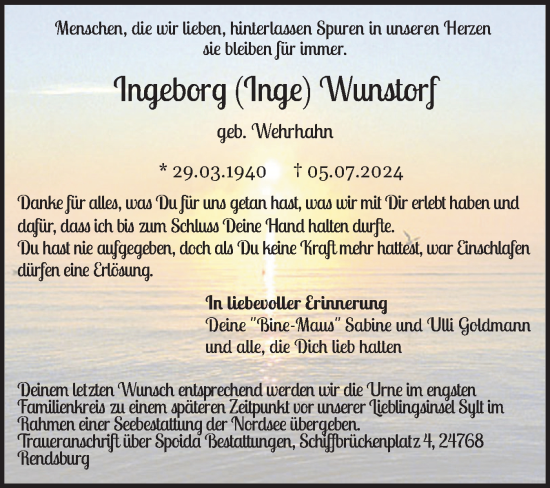 Traueranzeige von Ingeborg Wunstorf von Schleswig-Holsteinische Landeszeitung