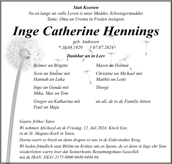 Traueranzeige von Inge Catherine Hennings von Husumer Nachrichten, Nordfriesland Tageblatt