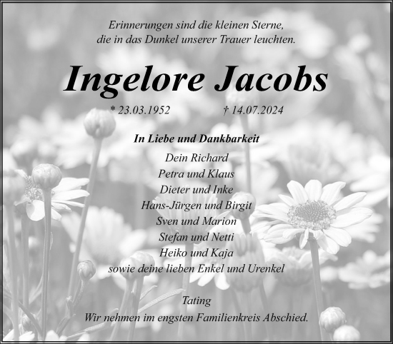 Traueranzeige von Ingelore Jacobs von Husumer Nachrichten, Nordfriesland Tageblatt