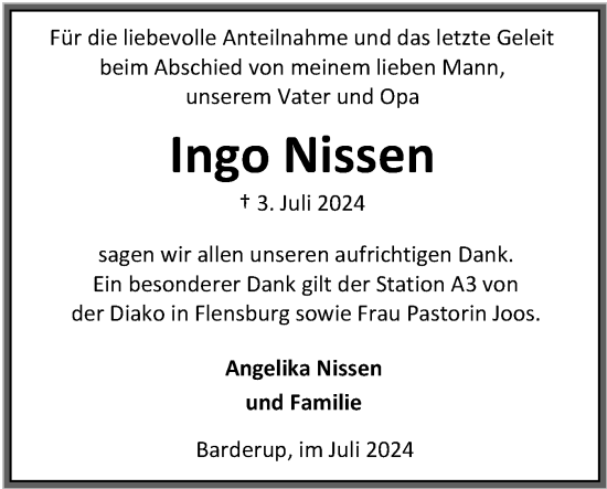 Traueranzeige von Ingo Nissen von Flensburger Tageblatt