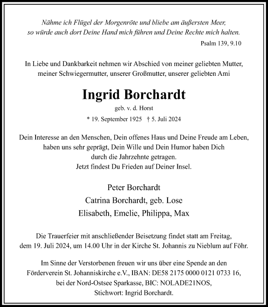 Traueranzeige von Ingrid Borchardt von Der Insel-Bote