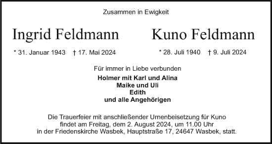 Traueranzeige von Ingrid  Feldmann von Holsteinischer Courier