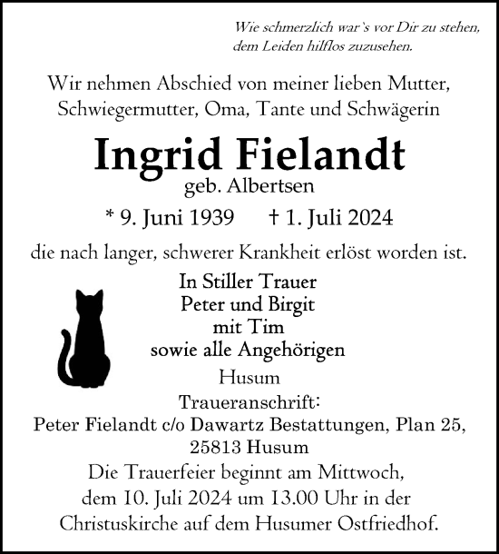 Traueranzeige von Ingrid Fielandt von Husumer Nachrichten, Nordfriesland Tageblatt