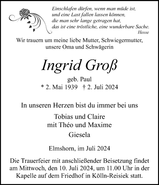Traueranzeige von Ingrid Groß von Elmshorner Nachrichten, Barmstedter Zeitung