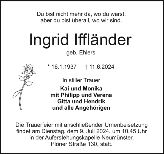 Traueranzeige von Ingrid Iffländer von Holsteinischer Courier