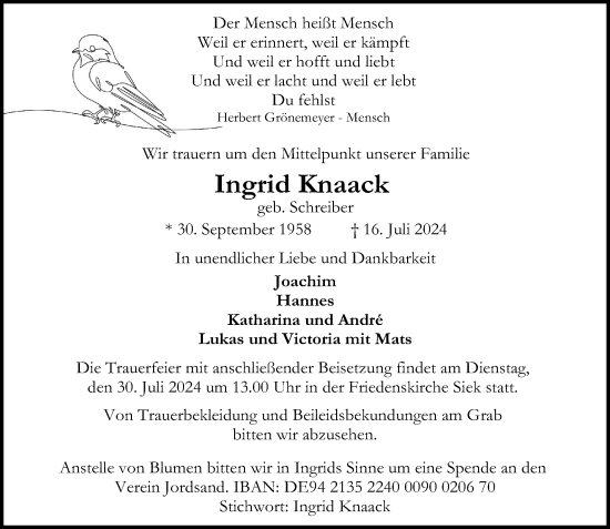 Traueranzeige von Ingrid Knaack von Stormaner Tageblatt