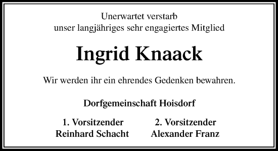 Traueranzeige von Ingrid Knaack von Stormaner Tageblatt