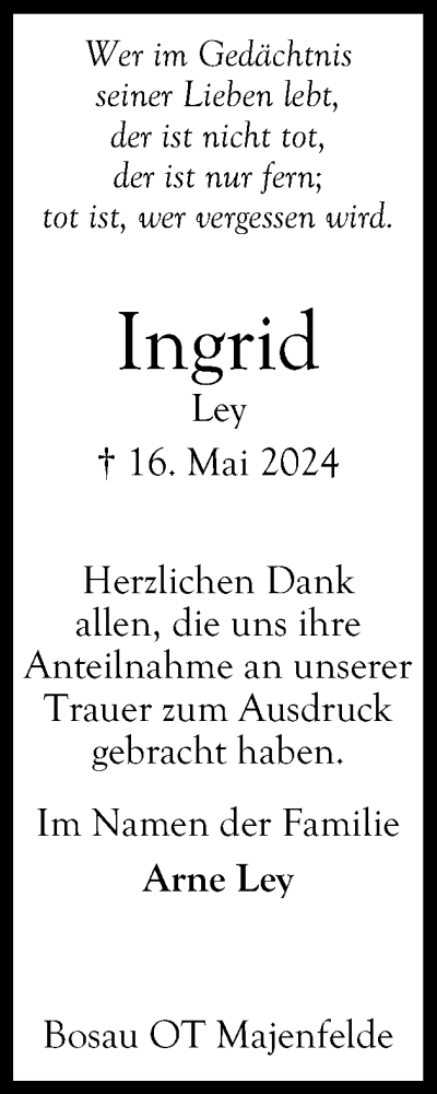 Traueranzeige von Ingrid Ley von Ostholsteiner Anzeiger