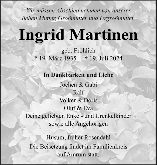 Traueranzeige von Ingrid Martinen von Husumer Nachrichten, Nordfriesland Tageblatt