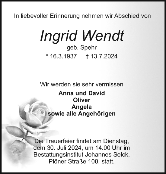 Traueranzeige von Ingrid Wendt von Holsteinischer Courier