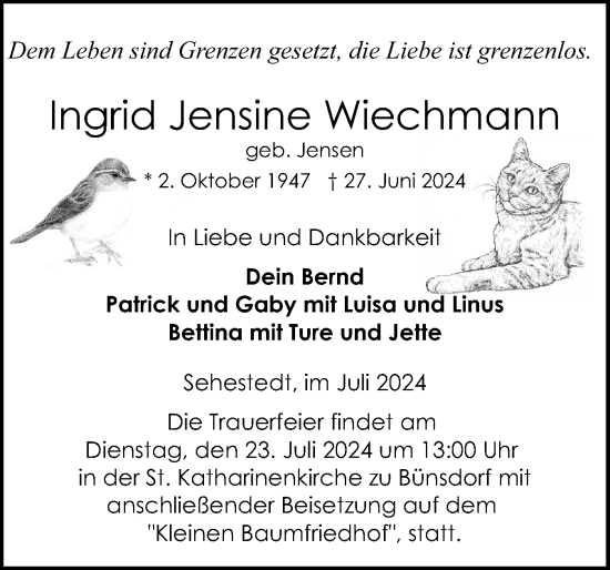 Traueranzeige von Ingrid Jensine Wiechmann von Schleswig-Holsteinische Landeszeitung