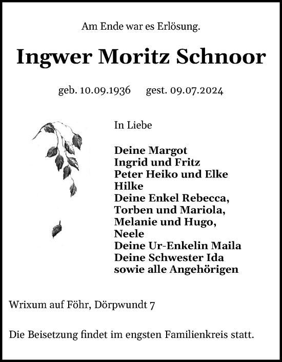 Traueranzeige von Ingwer Moritz Schnoor von Der Insel-Bote