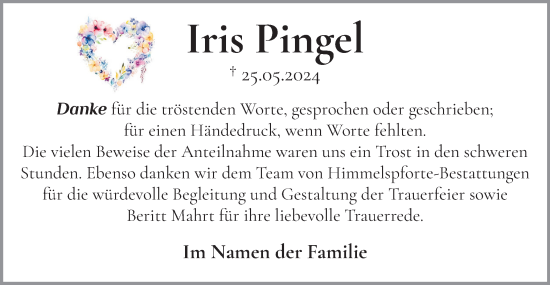 Traueranzeige von Iris Pingel von Norddeutsche Rundschau, Wilstersche Zeitung, Glückstädter Fortuna