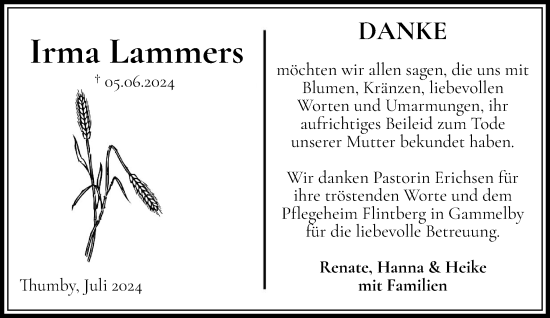Traueranzeige von Irma Lammers von Eckernförder Zeitung, Hallo Eckernförde