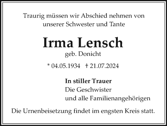 Traueranzeige von Irma Lensch von Sylter Rundschau