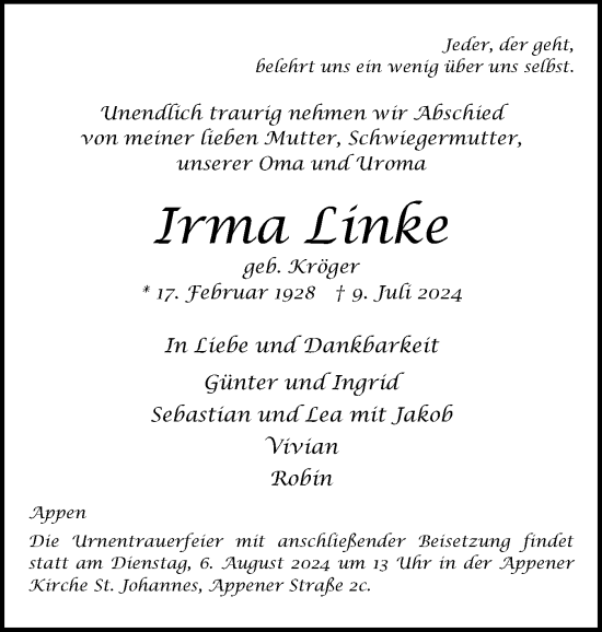 Traueranzeige von Irma Linke von Region Pinneberg und tip Pinneberg
