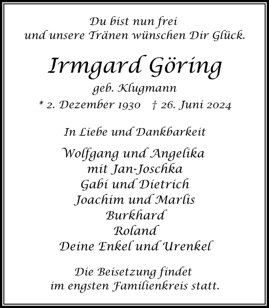Traueranzeige von Irmgard Göring von Stormaner Tageblatt