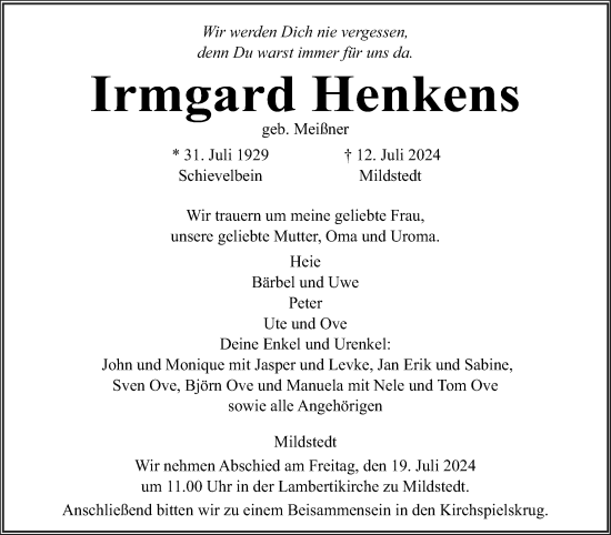 Traueranzeige von Irmgard Henkens von Husumer Nachrichten, Nordfriesland Tageblatt