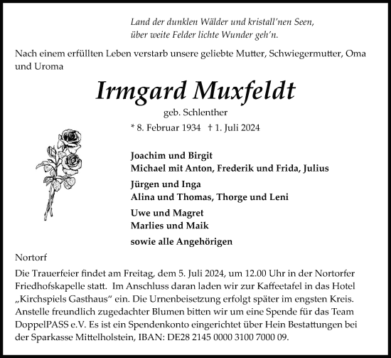 Traueranzeige von Irmgard Muxfeldt von Schleswig-Holsteinische Landeszeitung