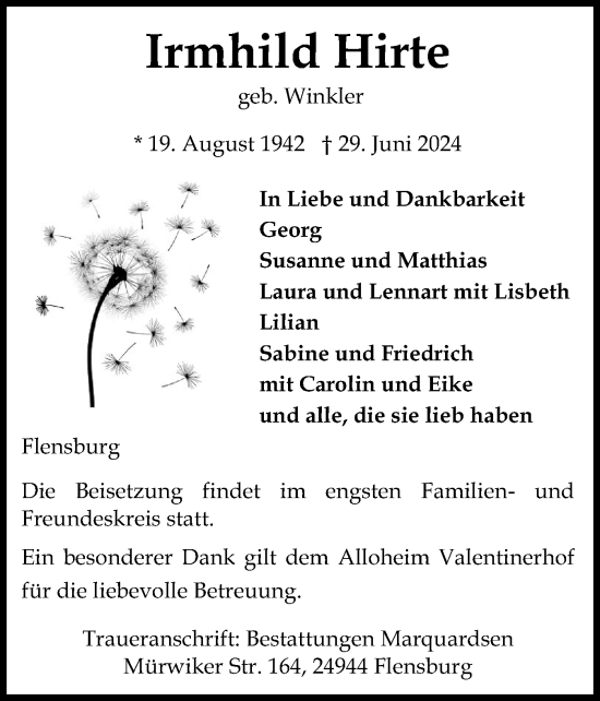 Traueranzeige von Irmhild Hirte von Flensburger Tageblatt