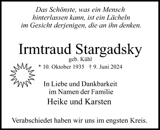 Traueranzeige von Irmtraud Stargadsky von Uetersener Nachrichten, Der tip am Wochenende