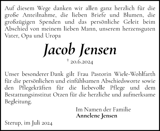 Traueranzeige von Jacob Jensen von Flensburger Tageblatt