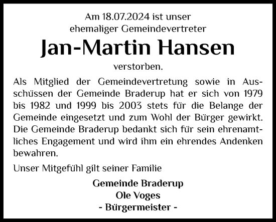 Traueranzeige von Jan Martin Hansen von Husumer Nachrichten, Nordfriesland Tageblatt
