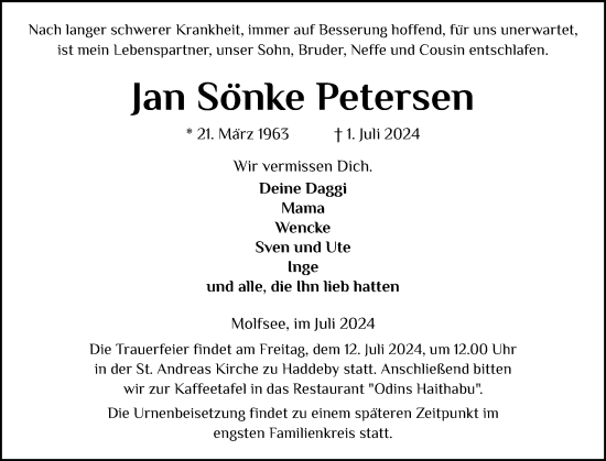 Traueranzeige von Jan  Petersen von Schleswiger Nachrichten, Schlei-Bote