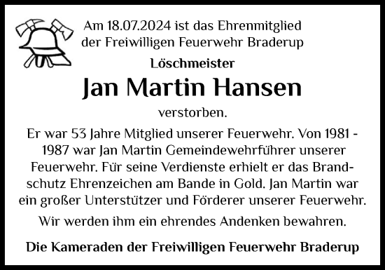 Traueranzeige von Jan Martin Hansen von Husumer Nachrichten, Nordfriesland Tageblatt