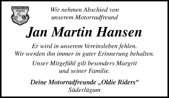 Traueranzeige von Jan Martin Hansen von Husumer Nachrichten, Nordfriesland Tageblatt