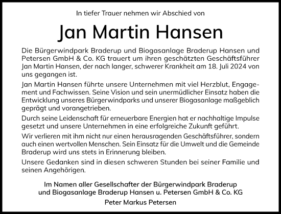 Traueranzeige von Jan Martin Hansen von Husumer Nachrichten, Nordfriesland Tageblatt