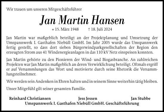 Traueranzeige von Jan Martin Hansen von Husumer Nachrichten, Nordfriesland Tageblatt