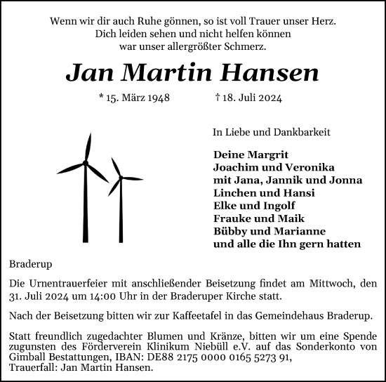 Traueranzeige von Jan Martin Hansen von Region Flensburg