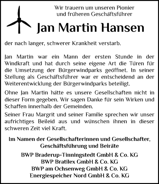 Traueranzeige von Jan Martin Hansen von Husumer Nachrichten, Nordfriesland Tageblatt