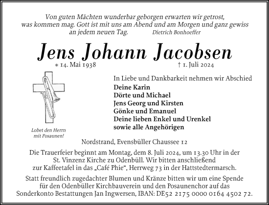 Traueranzeige von Jens  Jacobsen von Husumer Nachrichten, Nordfriesland Tageblatt