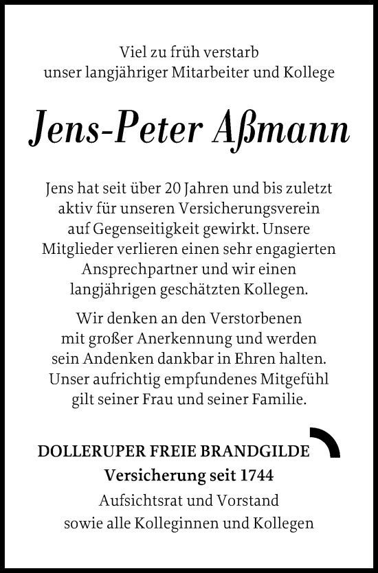 Traueranzeige von Jens-Peter Aßmann von Flensburger Tageblatt, Schleswiger Nachrichten, Schlei-Bote